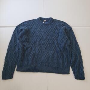Free People Sweater Womens Small Varsity Navy Cable Knit Crewneck OB1505582